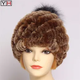 Winter Lady Natural Rex Rabbit Fur Hat Women Warm Morb Genuine + Silver Ball Knitted Caps 211229
