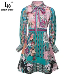 Floral Jacquard Summer Vintage Mini Dress Women Fashion Designer Long Sleeve Printed Party Short 210522