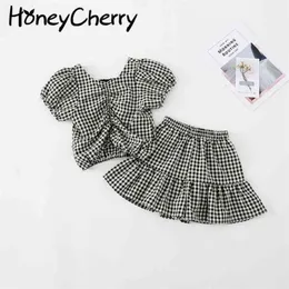 Meisjes geruit pak zomer back bow top culottes set van twee doek baby meisje outfit baby meisje kleding 210701