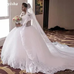 ZJ9064 Biała Suknia Balowa Suknie Ślubne Suknie Ślubne Cap Frezowanie Wspaniałe Koronki V-Neck Royal Train Plus Size Suknie ślubne Robe de Mariage