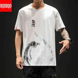 Kinesisk stil T-shirt Män Rolig Anime Print O-Neck Loose Black White Hip-Hop Bomull Tshirts Male Summer Streetwear Fashion Tees G1222