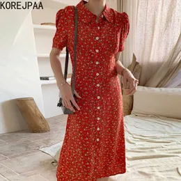 コレヒパアの女性のドレス夏の韓国のシックな女の子洋風人形襟シングルブレストルースハイウエストパフスリーブvestido 210526