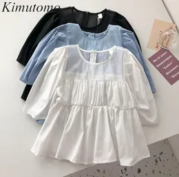 Kimutomo Elegantes Hemd Mädchen Sommer Koreanische Mode Dünne einfarbige Oansatz Kurze Puffärmel Bluse Outwear Casual 210521
