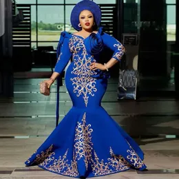 2021 Plus Size Arabski ASO EBI Blue Mermaid Sexy Prom Dresses Koronki Vintage Satynowy Wieczór Formalna Party Druga Recepcja Suknia Suknia ZJ033