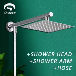 Shinesia Chrome Ultrathin Square 8"10"12" Shower Head + Shower Arm + 150cm Srainless Steel Shower Hose Wall Mounted for Bathroom 210724