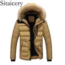 Sitaiciy New Winter Man Coat 2021 Khaki Down Jacket Men M-5XL Fur Collar Vindtät Zipper Hooded Fashion Warm Jacket Ytterkläder Y1103