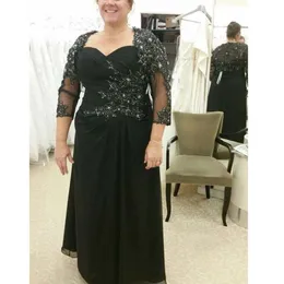 2021 Siyah Anne Gelin Elbiseler A-Line 3/4 Kollu Şifon Aplikler Boncuklu Artı Boyutu Damat Anne Düğünler için Elbiseler