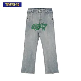 SHEC Haftowane Raw Edge Flare Jeans Mężczyźni / Kobiety Wysokiej Talii List Spodnie Streetwear Hip Hop Szeroko Noga Denim Flared 211111