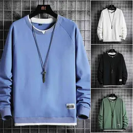 Vår Höst Mens Sweatshirts Casual Fleece Round Collar Män Fake 2 stycken Hoodies Fashion Streetwear Plus Storlek 4xl 210813