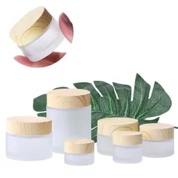 Frosted Glass Jar Skin Care Eye Cream Bottle Refillable Jars Empty Cosmetic Container Package Bottles with Imitated Wood Grain Plastic Lids 5g 10g 15g 20g 30g 50g