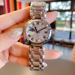 fashion Stainless steel geometric moon watches ladies roman number Quartz watch Women Mother of pearl Rhinestone bracelet 31mm