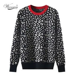 Höst Vinter Kvinnor Tröjor Leopard Stickade Pullovers Långärmad Kontrast Färg CrewNeck Jumpers Sweter Mujer C-026 211217