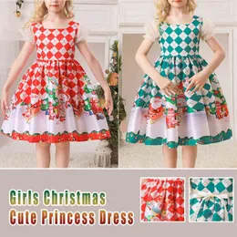 Toddler Kids Girls Dresses Cute Christmas Santa Claus Print Bow Satin Cloth Birthday Party Gown Long Dresses Children Clothing G1026