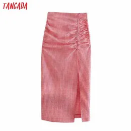 Tangada Kvinnor Röd Plaid Midi Skirt Faldas Mujer Vintage Zipper Office Ladies Elegant Chic Mid Calf Kjolar 3H566 210609