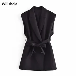 Elegant Women Sleeveless Blazer with Belt Fashion Office Lady Coat Chic Woman Jacket Vest Suit veste femme 210930