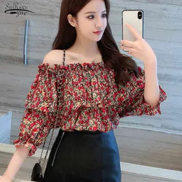 Korean Style Floral Summer Women's Blouse Casual Vintage Print Short Sleeve Shirts Crop Top Clothes 9377 50 210508