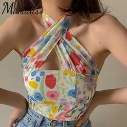 Missakso Floral Print Hollow Out Halter Crop Top Streetwear Beach Casual Summer Y2K Women Sexig Skinny Backless Tank Tops 210625