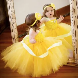 Tjejer gul virka tutu klänning baby fluffy tulle band klänning boll klänning med blomma huvudband barn cosplay kläder prinsessan klänning q0716