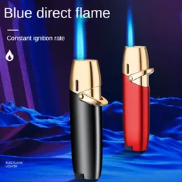Металлическая ветрозащитная сигарета Струйная газовая зажигалка Факел Синее пламя Прямая зажигалка Бутан Надувная зажигалка Новый стиль Портативные гаджеты для курения
