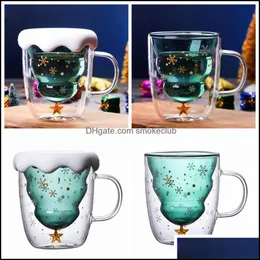 Drinkware Kitchen、ダイニングバーホームGardenchristmas Tree Glass Mugs耐熱二重層メガネボト朝食オートミールミルクカップC