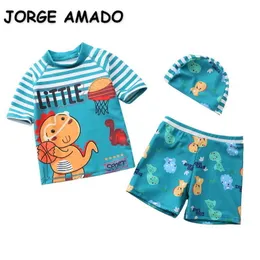 Summer Baby Boys Swimwear 3-Pcs Sets Cartoon Dinosaur + Swimming Trunks+ Bathing Cap Swimsuit Children Outfits E1053 210610