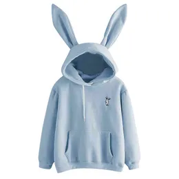 Mode-qrwr höst vinter kvinnor hoodies kawaii kanin öron mode hoody casual solid färg varm tröja