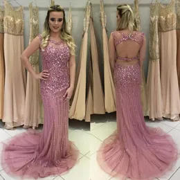 Sparkle Bling Lavender Crystal Mermaid aftonklänningar Skopade nacke Major Beading Cutaway Sides Tulle dragkedja Back Pageant Dresses Prom Gowns