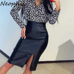 Neophil Black Front Split PU Leather Pencil Skirt Bodycon High Waist Winter Fashion Elegant Knee Length Skirt Faldas S21702 211120