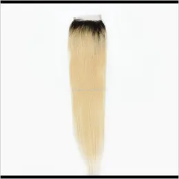 Platinum Blonde Ombre 1B / 613 Rett Lace Avslutning med Baby Hår Blekt Knots Remy Human Hair 4x4 Lace Stänger H3PWB UIB8O