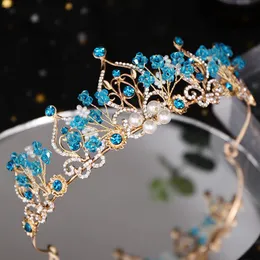 Hårklipp Barrettes Lyxig Blue Crystal Pearl Flätad Crown Headband Barn Prinsessan Visa Headdress Fairy Enchanting Temperament Access