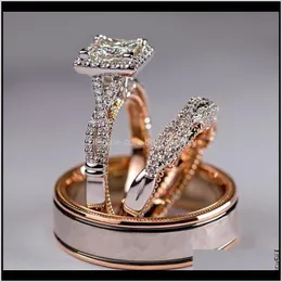 Jewelrysparkling Couple Rings Luxury Jewelry 925 Sterling Sier&Rose Gold Fill Princess Cut White Topaz Cz Diamond Women Wedding Band Ring Dro