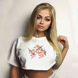 Angel Print Women Short Sleeve Casual Loose T-Shirt Woman Crop Tee Tops Summer Tshirt Streetwear feminina camiseta 210607