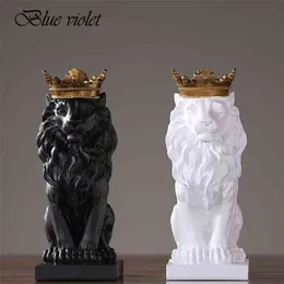 Modern Resin Animal Statue Golden Crown Black Lion Figurine for Home Decoration Accessories Living Room Desk Decor 210827