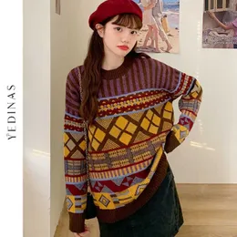 Yedinas Knit Jacquard Sweter Kwiatowy Vintage Długim Rękawem Pullover Kobiety Luźne Damskie Jumper Koreański Styl Jesień Zima 210527