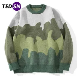 Harajuku Sweater Pullovers Men Gradient Striped Jacquard Knitted Hip Hop Retro Camouflage Print Streetwear Sweatshirts 210918