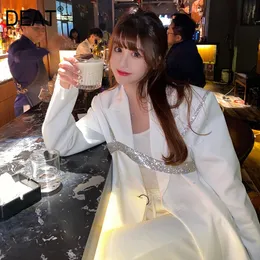 Two Piece Suit Women White Rhinestone Blazer V-neck Long Sleeve Loose Fashion Tide Goddess Spring Autumn 7D0645 210421