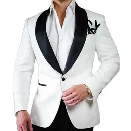 White Paisley Floral Groom Tuxedos with Black Pants Shawl Lapel Groomsmen Mens Wedding Suits 2 Piece Male Fashion Blazer 2021 X0909