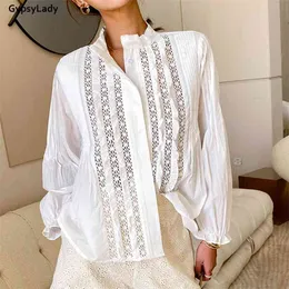 Gypsylady 100% Bawełna Biały Vintage Bluzka Koszula Koronkowa Wiosna Długi Latarnia Rękaw V-Neck Sheer Sexy Kobiety Chic Top 210719