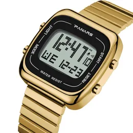 Digitala herrklocka Panars Luxury Gold Rostfritt stål Male Armbandsur Vattentät nedräkning Fashion Electronic Clock för Man Wristwatches