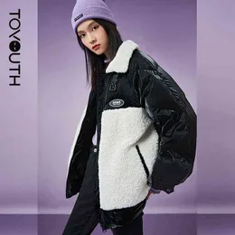 Toyouth Women Down Jacket Winter Thick Polo Collar Warm Outwear 90% White Duck Down Lamb Wool Stitching Casual Chic Coats 211221