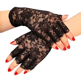 Fem fingrar handskar kvinnor sommar sexig svart ihålig spets solskyddsmedel andas tunn halvfinger prom dekoration etikett poldans cosplay