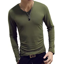 Vår och höst herr-T-shirt långärmad rundhalsad enfärgad topp underrock koreansk smal V-ringad