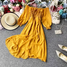 NEPLOE Boho Szyfonowa Sukienka Kobiety Moda Slash Neck Rękawem Puff Rękawem Plażowy Suknie Lato Elegancka Mid Calf Linia Vestidos 1C476 210423