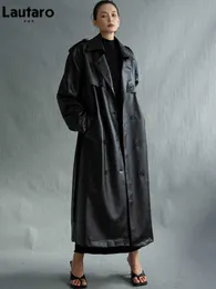 Lautaro jesień wyjątkowo długi ponadgabarytowy czarny faux skóra płaszcz do kobiet z długim rękawem pasa podwójna breaded luźna moda 210929