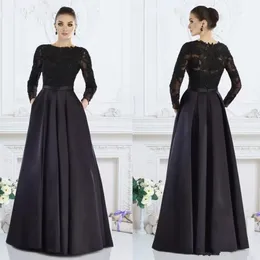 ブラックロングスリーブエレガントなフォーマルなドレスAラインジュエルレースビーズの花嫁のドレスの母親の服を着て女性イブニングウェア
