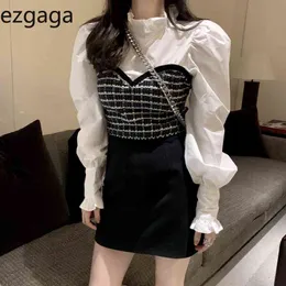 Ezgaga Stand Collar Chic Vintage Plaid Kobiety Bluzka Koreański Moda Długie Koszulki Rękawem Puff Luźne Wiosna Letnie Nowe Fake Dwa 210430