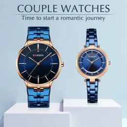 Curren Top Marca Mulheres Luxo Homens Casal Assista À Prova D 'Água Aço Inoxidável Amante Lover WristWatch Vestido de Quartz Clock Gift Set para venda 210517