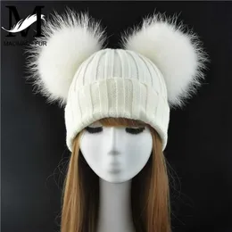 Vinter Real Fur Ball Beanie Hat för Kvinnor Ladies Fluffy Double Natural Raccoon Pom Skullies med 2 Pompom 211229