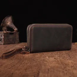 Mężczyźni Business Sprzęgła Portfel Mężczyzna Podwójny Zamek Zipper Prawdziwej Skóry Portfel Długi Telefon Posiadacz Uchwyt Sprzęgła Torebki Vintage Mężczyźni Handy Torba