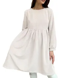 Casual Corduroy Oversized Party Dress Kobiety Sukienka Długie Rękawy O-Neck Lace Up Luźną Mini Dress Elegancka Plisowana Kobieta Jesień Odzież